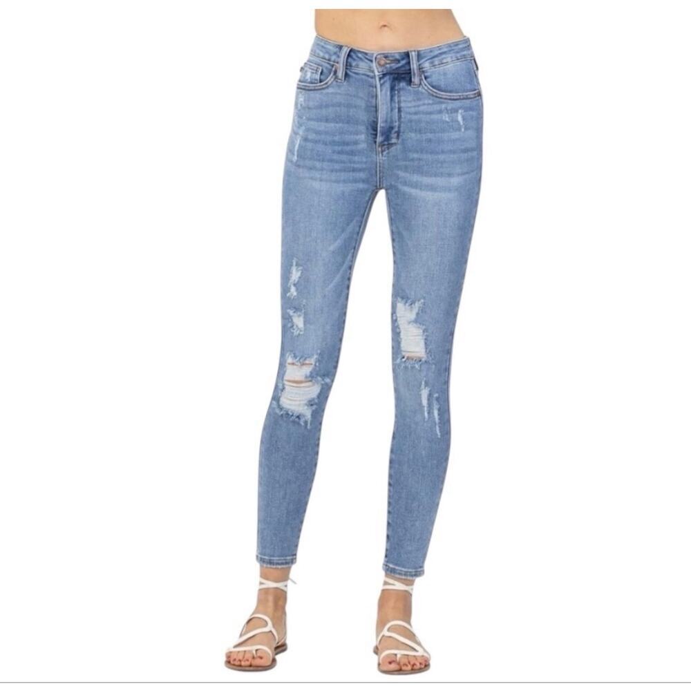 Judy Blue High Waist Control Top Skinny Jeans Distressed Stretch Sz 7/28 JB88426